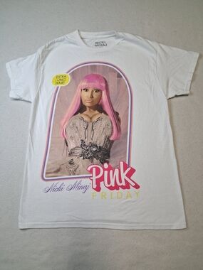 Nicki Minaj White Tee with Pink Graphic Hair and Pink Logo